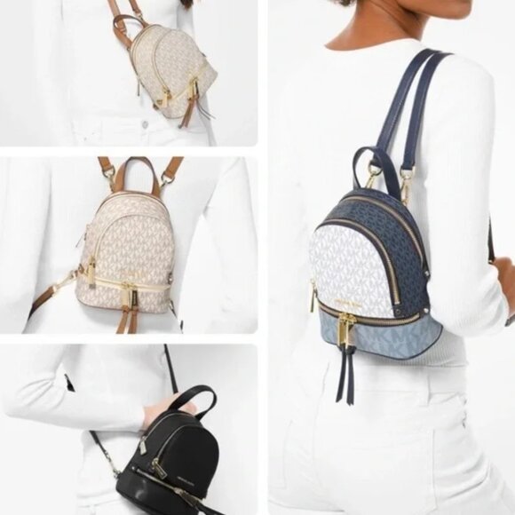 Michael Kors Rhea Mini Color-Block Logo Chambry/Navy Backpack - Picture 3 of 15